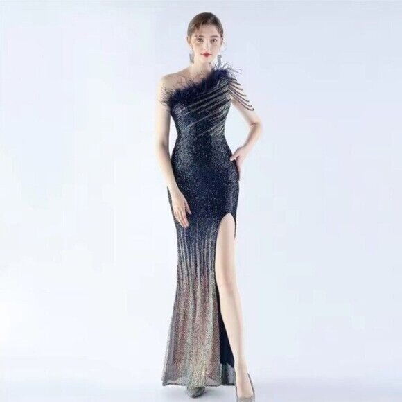 Navy, One Shoulder Beaded, Feather Neck, Sequined/ Mesh, Gradient Mermaid Gown - Picture 3 of 16